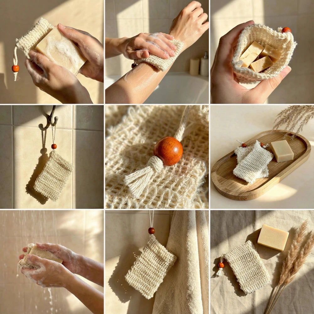 Sizala ziepju maisiņš ķermeņa pīlingam un masāžai, ilgtspējīgs vannas piederums un ziepju taupītājs no marredeco internetveikala