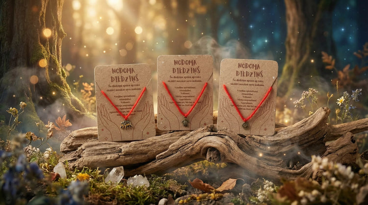 Trīs nodoma diedziņu kartītes (zilonis, bruņurupucis, sirds) izkārtotas pasakainā meža fonā ar maģisku gaismu un ziediem.