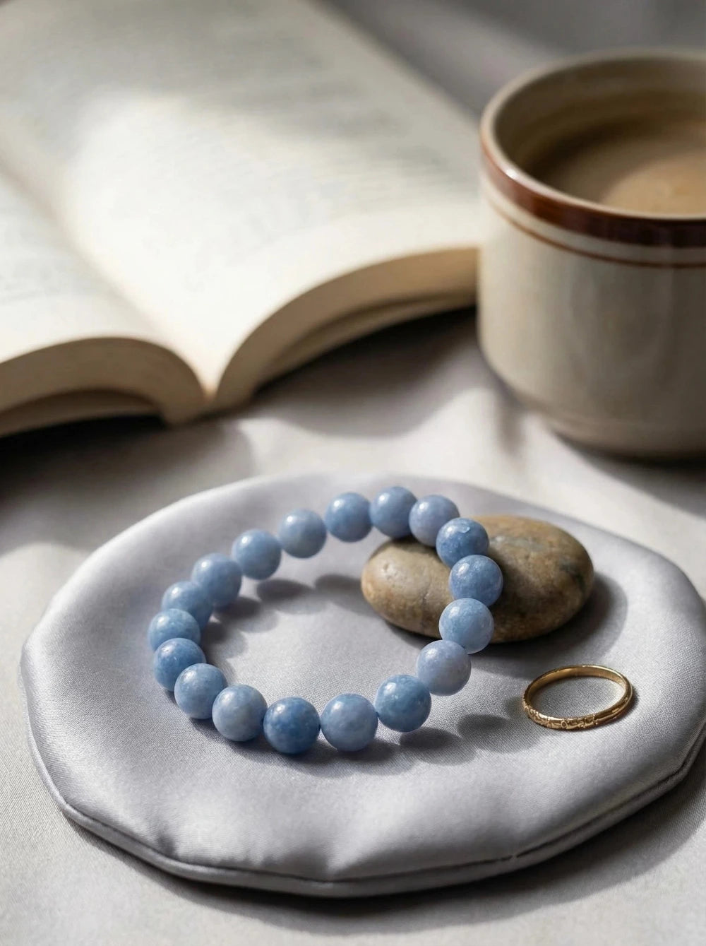 Gaiši zila akvamarīna (Aquamarine) dabīgo akmeņu pērlīšu aproce uz sudrabaini pelēka satīna paliktņa blakus zelta gredzenam un kafijas tasei, MARREdeco rotaslietas