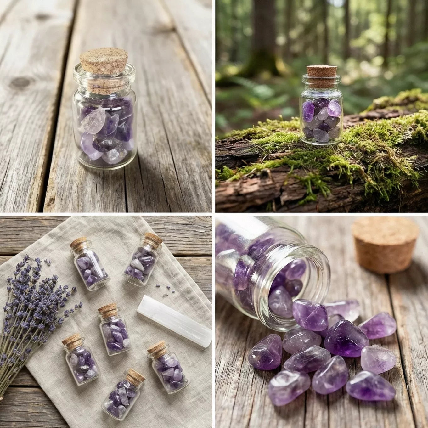 Četru attēlu kolāža ar ametista burciņu: tuvplāns, burciņa uz sūnām mežā, vairākas burciņas ar lavandu uz lina auduma un izbērti violeti kristāli, marredeco