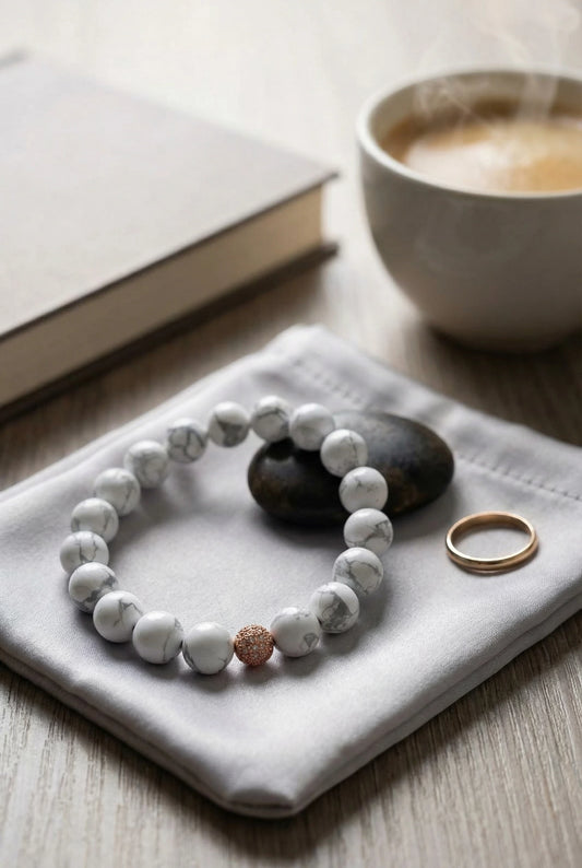 Dabīgā akmens hovlīta (Howlite) pērlīšu aproce ar rozā zelta dekoratīvo pērlīti uz pelēka satīna maisiņa, MARREdeco roku darba rotaslietas