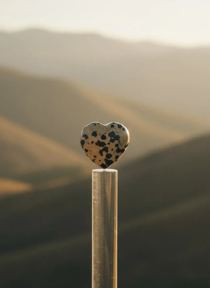 Dalmācijas jašmas sirds formas akmens, kas novietots uz caurspīdīga statīva uz miglainu kalnu un saulrieta fona