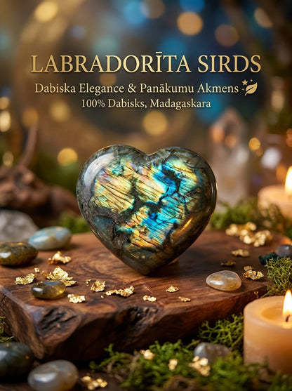 Dabīgā Madagaskaras labradorīta sirds panākumiem un elegancei — reklāmas baneris ar kristālu mājīgā, maģiskā gaisotnē ar svecēm un zelta akcentiem.