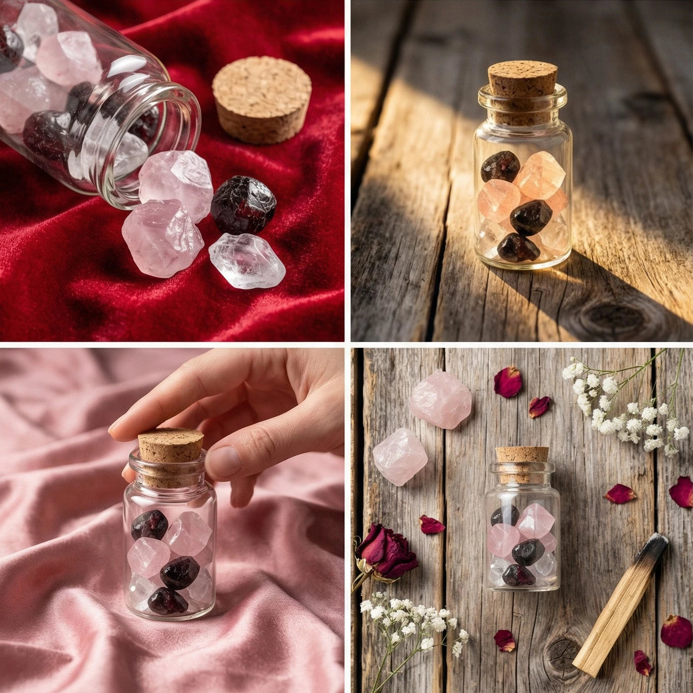 Četru attēlu kolāža: rozā kvarca un granāta kristāli uz sarkana samta, burciņa saules gaismā, produkts rokās un kompozīcija ar rožu ziedlapiņām un palo santo kociņu, marredeco