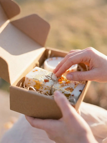 Tuvplāns MarreDeco dāvanu komplektam rokās — vaska plāksnīte ar zelta folijas akcentiem un dzintaru, iesaiņota dabīgā kartona kastītē.