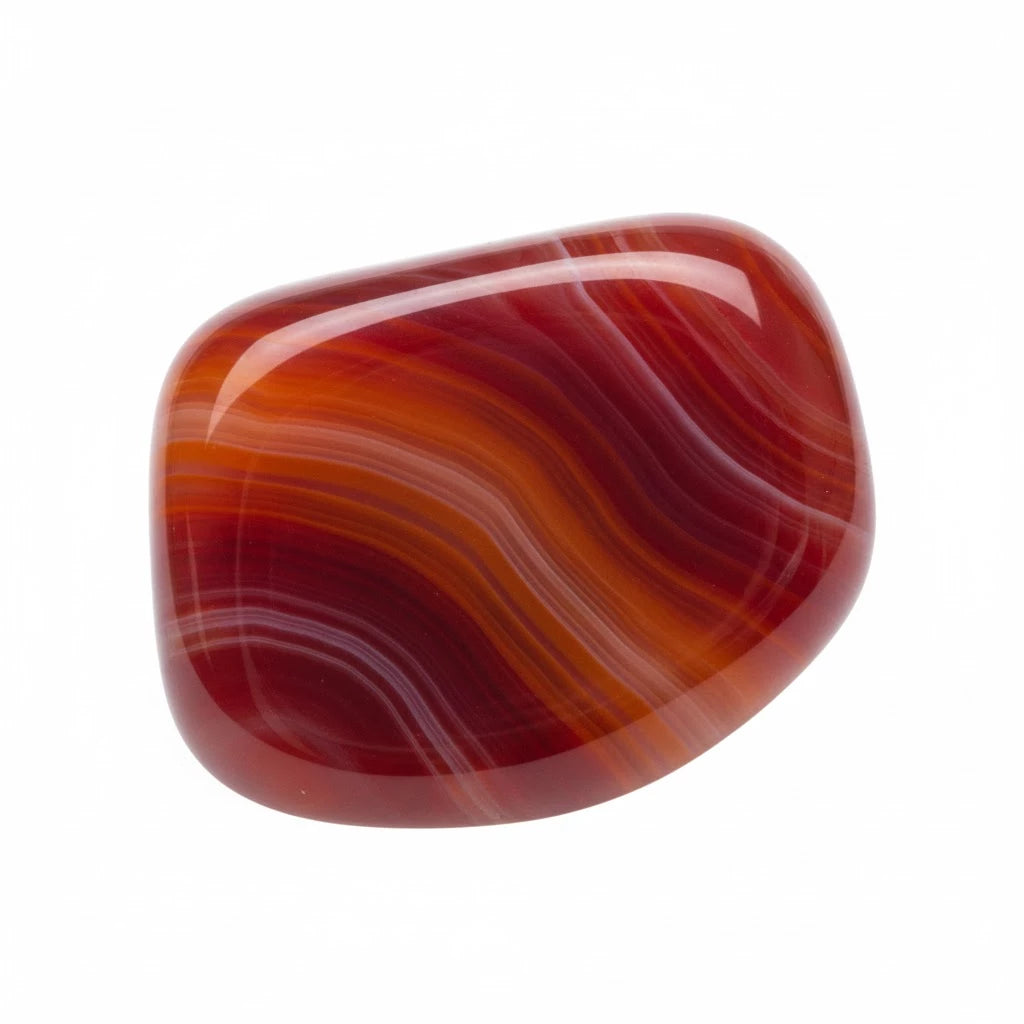 Pulēts sarkanā ahāta kristāls ar dabiski svītrainu tekstūru un piesātinātu toni uz balta fona – MarreDeco izejmateriāls nodoma svecēm dzīvesspēkam