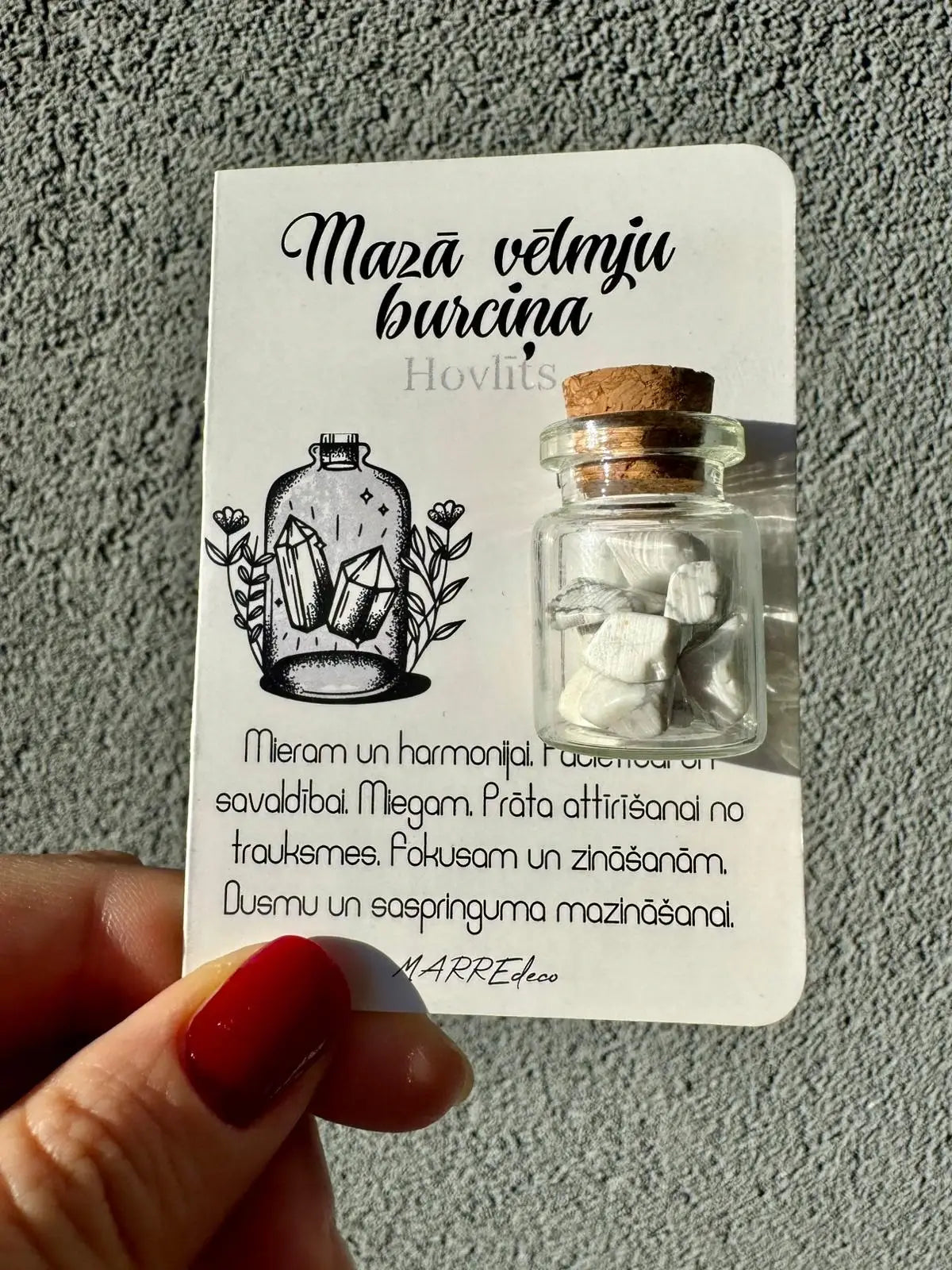 Hovlīta akmeņu komplekts burciņā prāta attīrīšanai no trauksmes un fokusam — nomierinoša dāvana ar aprakstu par kristāla relaksējošajām īpašībām