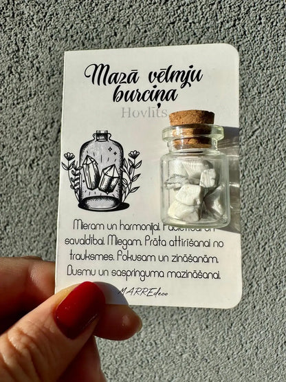Hovlīta akmeņu komplekts burciņā prāta attīrīšanai no trauksmes un fokusam — nomierinoša dāvana ar aprakstu par kristāla relaksējošajām īpašībām