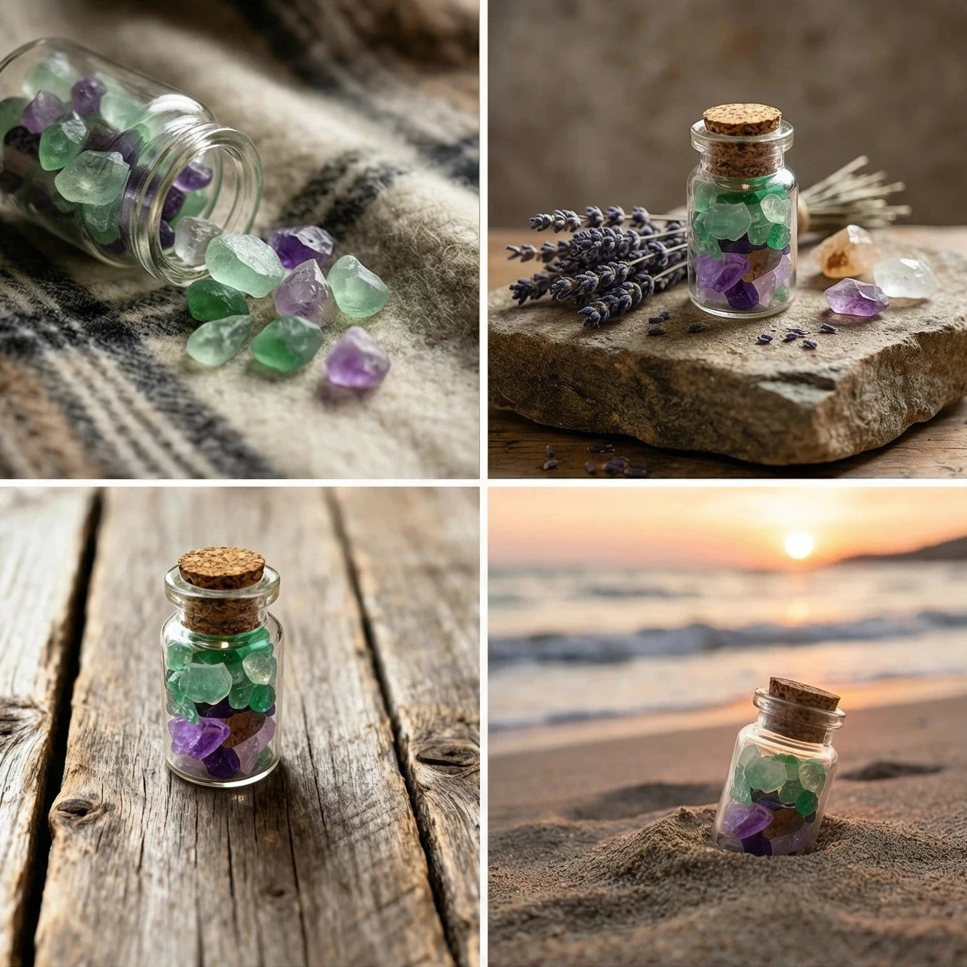 Četru attēlu kolāža ar vēlmju burciņu pludmales smiltīs, pie kaltētas lavandas un uz koka fona marredeco