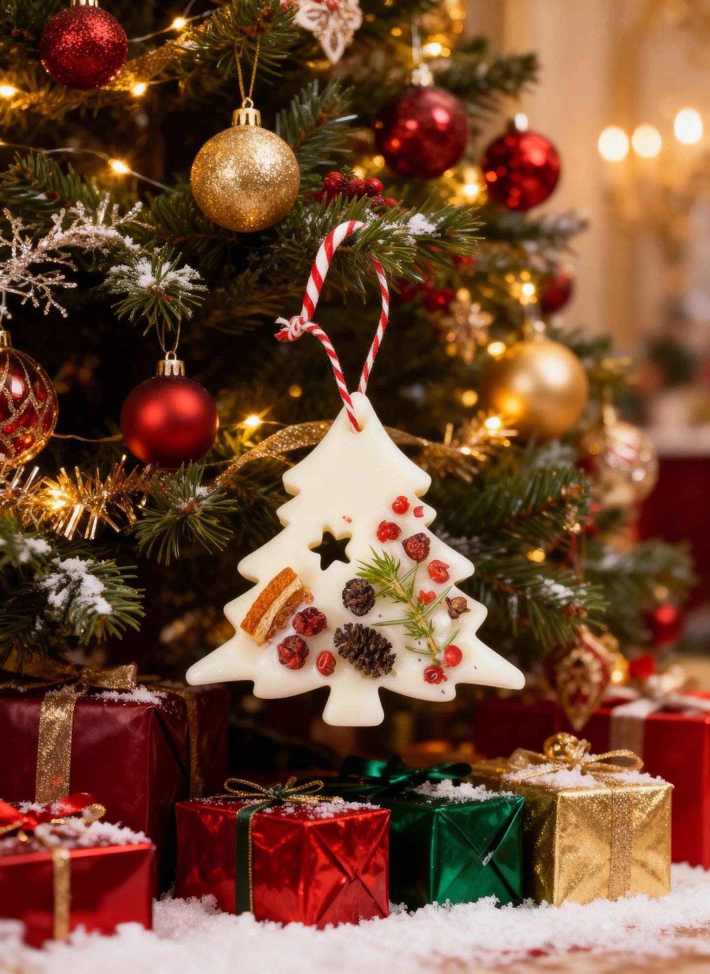 Dabīga sojas vaska eglīte ar ogu dekoru, Ziemassvētku dāvanu ideja, aromātiska svētku dekorācija, MarreDeco ziemas kolekcija