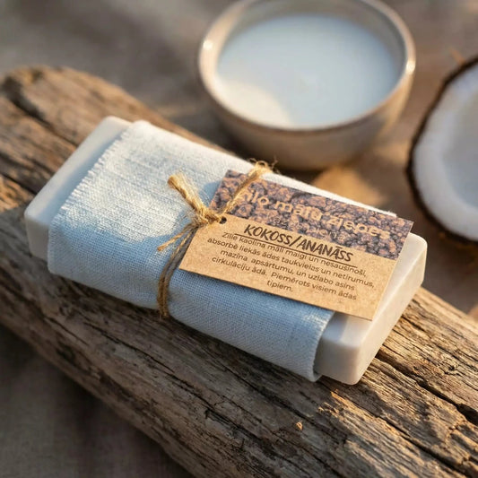 Zilā kaolīna māla ziepes "Kokoss/Ananāss", ietītas gaiši zilā lina audumā, novietotas uz raupja koka dēļa blakus kokosriekstam un piena trauciņam.